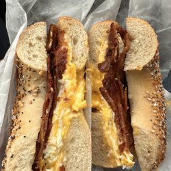 Joels Bagels - Bacon, egg and cheese on an everything bagel