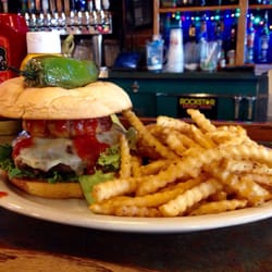 Zeppoz - The "Diablo Fuego" burger w/pepper jack cheese, onion ring, bacon, lettuce, tomato and topped with a roasted jalapeño.