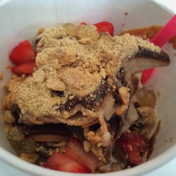 Sweet Tart Frozen Yogurt Cafe - My frozen yogurt, chocolate covered pretzel, crushed peanuts, boba, fresh strawberries, reese peanut butter sauce, crushed graham crackers.