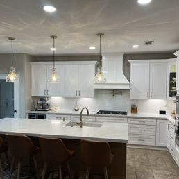 Kitchen island, cabinets, tile, hardware, fixtures
