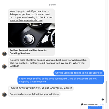 Redline Professional Mobile Detailing Services - Page 3 Screenshot of Facebook Messenger Conversation - Auto Detailing Near Me Redline Professional Mobile Detailing Services - Page 3 Screenshot of Facebook Messenger Conversation - Auto Detailing Near Me