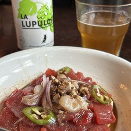 Tuna + Scallop tostada, IPA back Tuna + Scallop tostada, IPA back