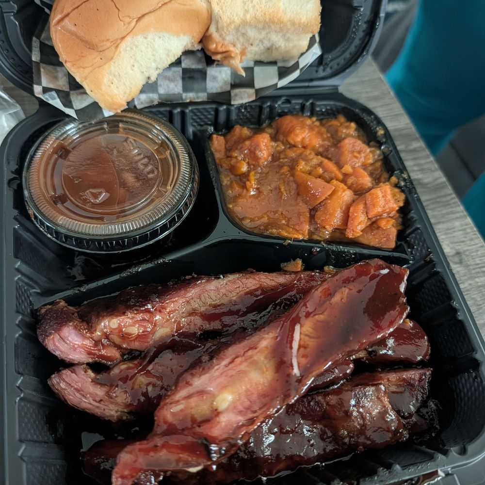 Roderick's Restaurant & Mobile Catering - Rib plate with yams and baked beans. - Food Trucks Near Me - Oakland, California Roderick's Restaurant & Mobile Catering - Rib plate with yams and baked beans. - Food Trucks Near Me - Oakland, California