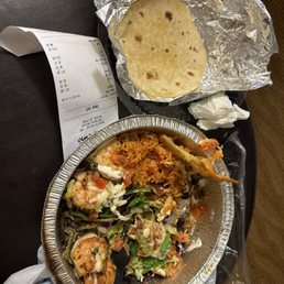 Mezcalito shrimp bowl with black beans, rice, avocado the works