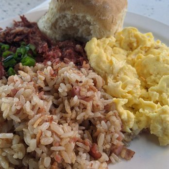 Kihei Caffe - Corned Beef Hash, Pork Fried Rice and scrambled egg!I skipped the gravy on the biscuit! It's a lot of food! - Hawaiian Near Me - Kihei, Hawaii