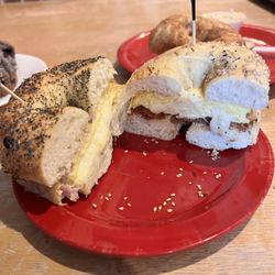 Bagel Central - Bagelwiches with bacon and ham.  Warmed with a long Cheese pull
