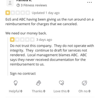 EōS Fitness - A plea for EoS fitness and ABC management to return money taken from my account for service not rendered. - Gyms Near Me - Richmond, Texas EōS Fitness - A plea for EoS fitness and ABC management to return money taken from my account for service not rendered. - Gyms Near Me - Richmond, Texas