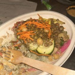 Tiffin Box - Cauliflower rice, seasoned jackfruit, lentils, chickpeas, mixed veggies, pickled onions, carrots and tomatoes.