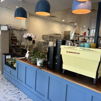 Clear Flour Coffee Bar - blue and yellow - Coffee & Tea Near Me - Brookline, Massachusetts