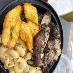 Scotch Bonnet - Jerk chicken bowl w three sides: Mac and cheese, plantains, callalloo (underneath)