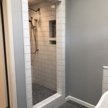 Floor & Decor - Floor & Niche: Dark Gray II Penny Porcelain, Door surround: Maddox white liner, Maiolica white 4x10 subway tile - Home Decor Near Me - Everett, Washington Floor & Decor - Floor & Niche: Dark Gray II Penny Porcelain, Door surround: Maddox white liner, Maiolica white 4x10 subway tile - Home Decor Near Me - Everett, Washington