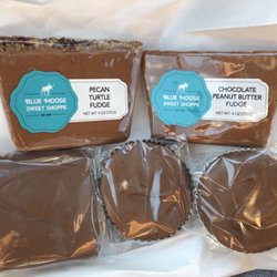 Chocolate Village - Peanut butter fudge, pecan turtle fudge, jumbo s'mores, jumbo peanut butter cup, and a jumbo peanut butter caramel cup.