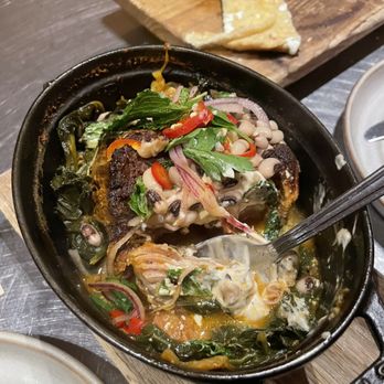 Avec - Chicago - Slow Roasted Pork Shoulder with braised collard greens, smoked yogurt, black eyed peas, and fresno chili - Mediterranean Near Me - Chicago, Illinois