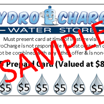 HydroCharge Water Store - ALKALINE to go Prepaid Card. $75.00 valued at $80.00 get 5 gallon FREE. Faster checkout; Easy & Convenient; and Never Expires. - Water Stores Near Me - San Diego, California HydroCharge Water Store - ALKALINE to go Prepaid Card. $75.00 valued at $80.00 get 5 gallon FREE. Faster checkout; Easy & Convenient; and Never Expires. - Water Stores Near Me - San Diego, California
