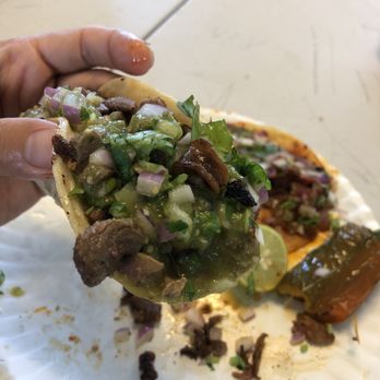Jessica's Taqueria - Overflowing lengua taco with a few pieces of tripas - Mexican Near Me - Modesto, California