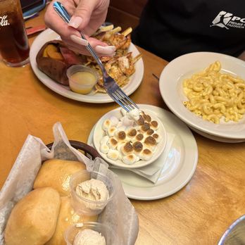 Texas Roadhouse - Grilled shrimp, sweet baked potato w/toasted marshmallows side, Mac & Cheese  & Texas Roadhouse famous dinner rolls w/cinnamon butter! - Steakhouses Near Me - College Station, Texas