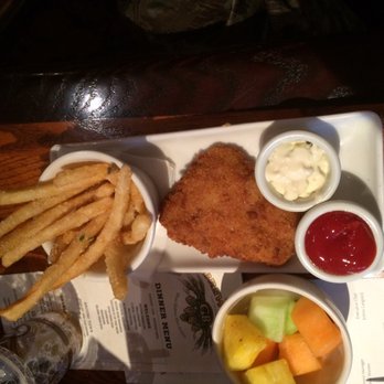 Glacier BrewHouse - Halibut and chips kids meal, including a small fruit bowl and ice cream sandwich for dessert. - American Near Me - Anchorage, Alaska
