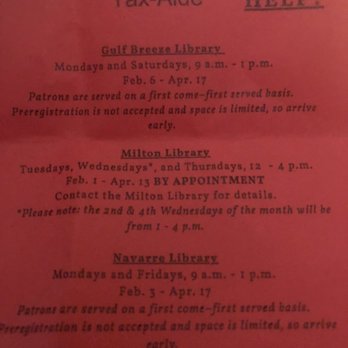 Gulf Breeze Library Branch - For the people that live around Pensacola. You can get your taxes prepared FREE at the public library, regardless of your AGE or INCOME. - Libraries Near Me - Gulf Breeze, Florida Gulf Breeze Library Branch - For the people that live around Pensacola. You can get your taxes prepared FREE at the public library, regardless of your AGE or INCOME. - Libraries Near Me - Gulf Breeze, Florida