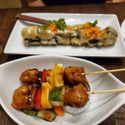 Top: crispy sushi roll. Bottom: soy chicken kebabs (better of the two!)