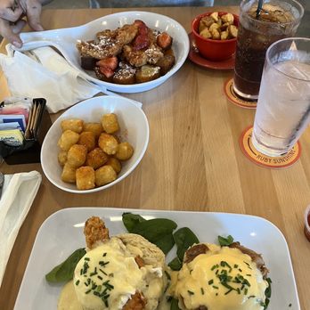 Ruby Slipper Veterans - Sweet Heat Chicken & French Toast Bites, Chicken St. Charles Benedict, Eggs Cochon Benedict, Breakfast Potatoes, and Tater Tots - Breakfast & Brunch Near Me - Metairie, Louisiana Ruby Slipper Veterans - Sweet Heat Chicken & French Toast Bites, Chicken St. Charles Benedict, Eggs Cochon Benedict, Breakfast Potatoes, and Tater Tots - Breakfast & Brunch Near Me - Metairie, Louisiana