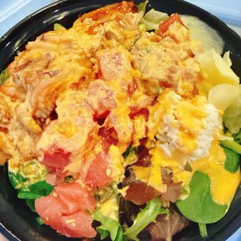 Poke Bistro - Regular bowl half salad/half rice with Ahi Tuna, Hawaiian Poke Tuna, Spicy Octopus & extra spicy mayo. - Seafood Near Me - Riverside, California