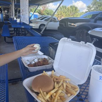 Dino's Drive In - Hot wings (left)and double cheese burger with fries - Barbeque Near Me - Winter Haven, Florida Dino's Drive In - Hot wings (left)and double cheese burger with fries - Barbeque Near Me - Winter Haven, Florida