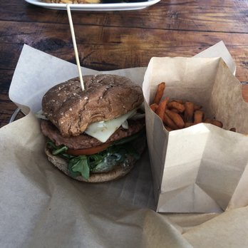 Plank - Impossible Burger with sweet potato fries - Bowling Near Me - Oakland, California Plank - Impossible Burger with sweet potato fries - Bowling Near Me - Oakland, California