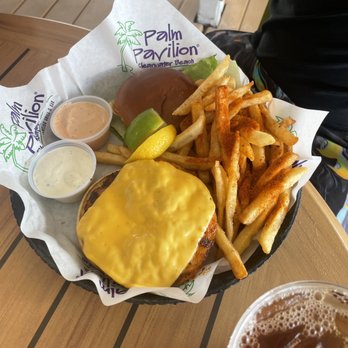 Crabby's Beachside Pavilion - The Palm Shrimp Burger with fries (Island Fries) - Seafood Near Me - Clearwater Beach, Florida Crabby's Beachside Pavilion - The Palm Shrimp Burger with fries (Island Fries) - Seafood Near Me - Clearwater Beach, Florida