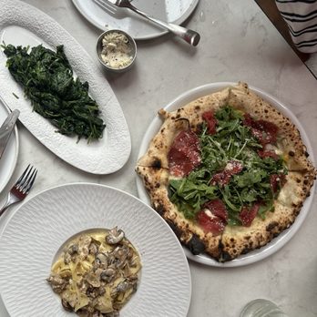 La Voglia - Sautéed spinach side, Pappardelle & Porchini mushroom pasta w/italian sausage and black truffle sauce, and Prosciutto & parmigiano pizza! - Italian Near Me - New York, New York La Voglia - Sautéed spinach side, Pappardelle & Porchini mushroom pasta w/italian sausage and black truffle sauce, and Prosciutto & parmigiano pizza! - Italian Near Me - New York, New York