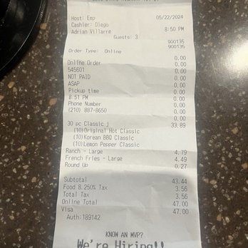 Wingstop - Receipt & payment made (thinking only a few minutes before order would be received) - Chicken Wings Near Me - San Antonio, Texas Wingstop - Receipt & payment made (thinking only a few minutes before order would be received) - Chicken Wings Near Me - San Antonio, Texas