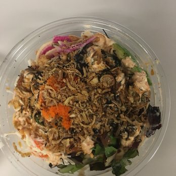 Poke Guys - Cali Bowl with white rice, salmon and tuna classic shoyu, masago, crab meat slaw, avocado, fried onion, nori and sesame seeds for $10.50. - Hawaiian Near Me - Toronto, Ontario