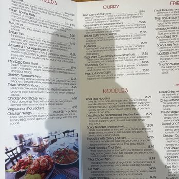 Thai Tip - Menu - The menu is divided into sections such as Appetizers, Curry, and Noodles, with detailed descriptions and prices for each dish. Appetizers include egg rolls, spring rolls, and chicken wings. Curry options feature red, green, and yellow curries with various proteins. Noodle dishes include Pad Thai, noodle bowls, and Thai-style fried noodles. The menu emphasizes fresh ingredients and traditional Thai flavors. - Thai Near Me - Albuquerque, New Mexico