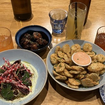 Midnight Morning - Beets with shiso labne, goat cheese and currant croquettes, buttermilk fried pickles - New American Near Me - Boston, Massachusetts Midnight Morning - Beets with shiso labne, goat cheese and currant croquettes, buttermilk fried pickles - New American Near Me - Boston, Massachusetts
