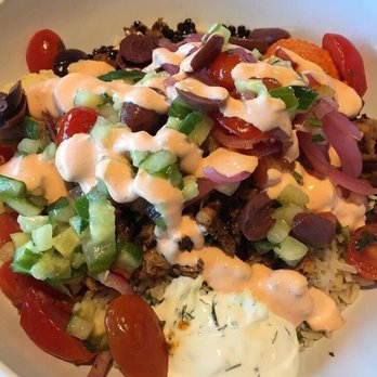 CAVA - Grain bowl, half brown rice, half lentil bean, with Chicken, spicy mayo, and the works on top - Mediterranean Near Me - Irvine, California CAVA - Grain bowl, half brown rice, half lentil bean, with Chicken, spicy mayo, and the works on top - Mediterranean Near Me - Irvine, California