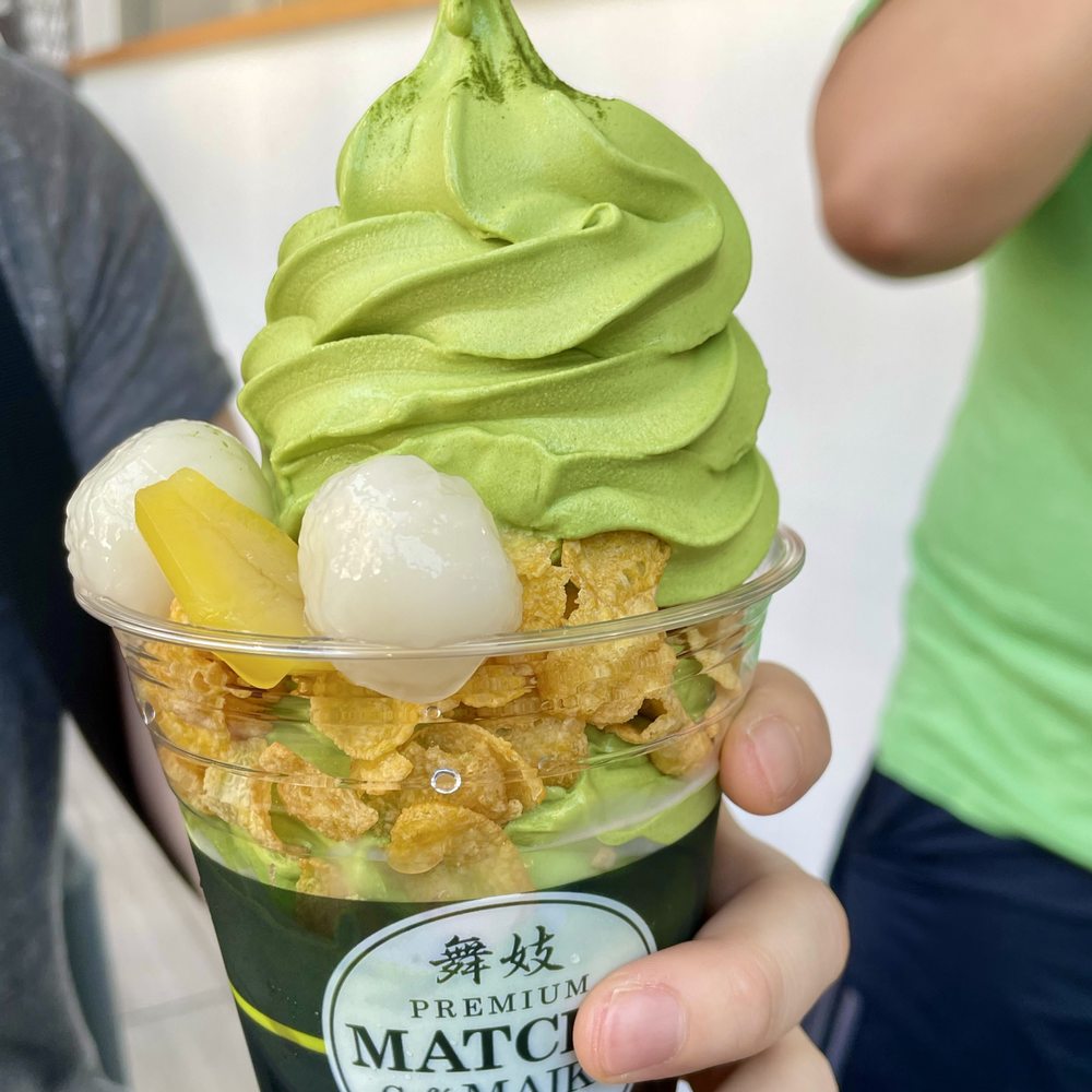 Matcha Café Maiko - Maiko special parfait with matcha soft serve ice cream, matcha chiffon, chestnuts, mochi, and cornflakes / Sept. 2022 - Bubble Tea Near Me - Boston, Massachusetts