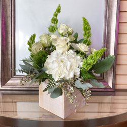 Dafferdil Floral Creations - Cube arrangement with hydrangeas, roses, and bells of Ireland