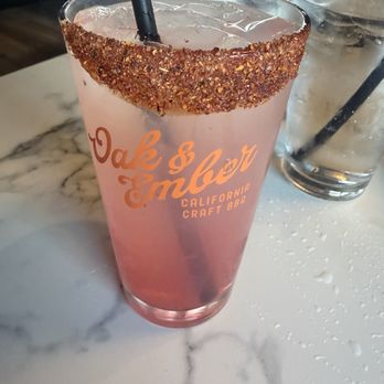 Oak & Ember - Strawberry Mocktail with a chamoy/tajin rim. - Halal Near Me - Ontario, California