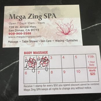 Mega Zing Spa - stamp card ;) ask for Lucy! - Massage Near Me - San Dimas, California Mega Zing Spa - stamp card ;) ask for Lucy! - Massage Near Me - San Dimas, California