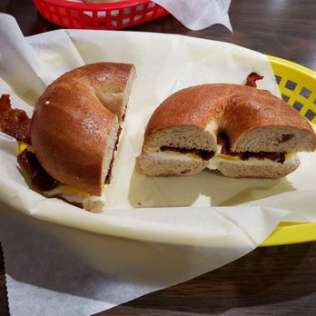 Schmagel's Bagels - Whole wheat bagel with egg, bacon, and cream cheese. - Bagels Near Me - Saint Augustine, Florida Schmagel's Bagels - Whole wheat bagel with egg, bacon, and cream cheese. - Bagels Near Me - Saint Augustine, Florida