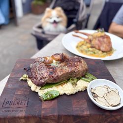 The Pocket - Ribeye w/ cheddar-jalapeno grits, sauteed romano beans, grilled cippolini onions, cowboy butter ($73) + 1 oz white truffles ($30)