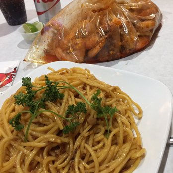 Claw Shack - 2 lbs of shrimp & garlic noodles. Jambalaya is not in the picture cause we ate it. Gotta wear gloves and bib for this. - Cajun/Creole Near Me - San Jose, California
