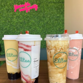 Elitea - (Left to Right) Pineapple & Mango Smoothie, Lychee Smoothie, Brown Sugar Bubble Milk Tea, Peach & Strawberry Smoothie - Bubble Tea Near Me - Glen Ellyn, Illinois