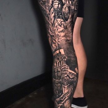 Naoki Tattoos - Full leg sleeve in black & grey - Tattoo Near Me Naoki Tattoos - Full leg sleeve in black & grey - Tattoo Near Me