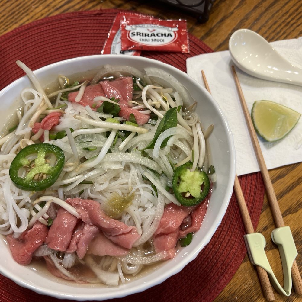 Pho with rare steak. Pho with rare steak.
