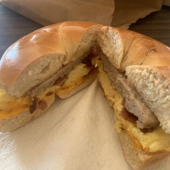 Maple Leaf Donuts - 4. 15. Egg Sausage Bacon & Cheese Bagel - Donuts Near Me - Campbell, California