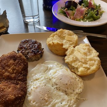 Oak Hill Post - Sunny over easy eggs, pork sausage, fried chicken, biscuit, side salad. - New American Near Me - Pittsburgh, Pennsylvania