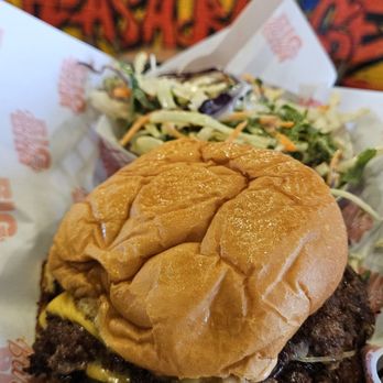 Big Bam Burger - Oklahoma with slaw and side of fries - Burgers Near Me - Oakville, Ontario Big Bam Burger - Oklahoma with slaw and side of fries - Burgers Near Me - Oakville, Ontario