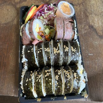Mokdong Gimbap - Three kimbaps on one togo plate - Korean Near Me - Portland, Oregon