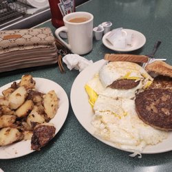 Carl's Oxford Diner - Sausage patty egg and cheese sandwich plus home fries
