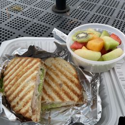 Turkey Avocado Panini (no bacon) with fruit instead of fries - great lunch!